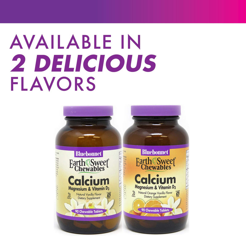[Australia] - Bluebonnet Nutrition Calcium Magnesium Plus Vitamin D3 Earthsweet, Bone Health & Muscle Relaxation, Soy-Free, Gluten-Free, Kosher Certified, Dairy-Free, 90 Vanilla Flavored Chewable Tablets 
