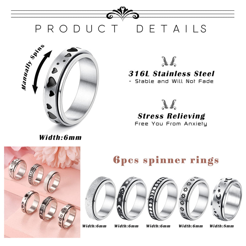 [Australia] - Thunaraz 6Pcs Stainless Steel Spinner Ring for Women Men Fidget Band Rings Moon Star Sand Blast Finish Ring Set Women Meditation Worry Rings for Stress Relieving Wedding Promise Fidget Rings Size 5-10 