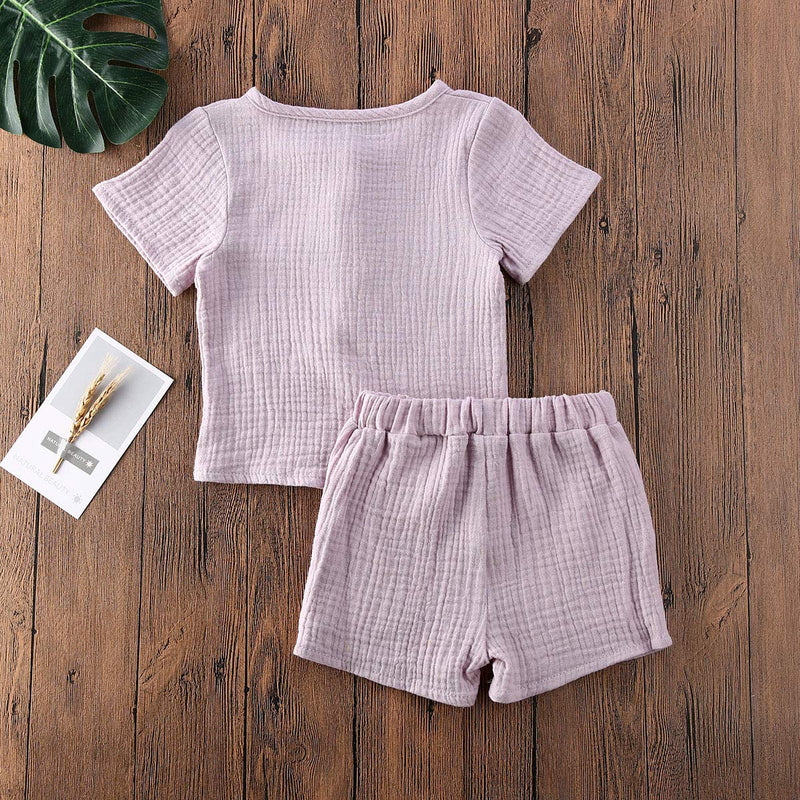[Australia] - Kids Toddler Baby Boy Summer Outfits Linen Short Sleeve Shirts Tank Tops with Solid Shorts Set 2Pcs Clothes Set Light Purple 6-12 Months 