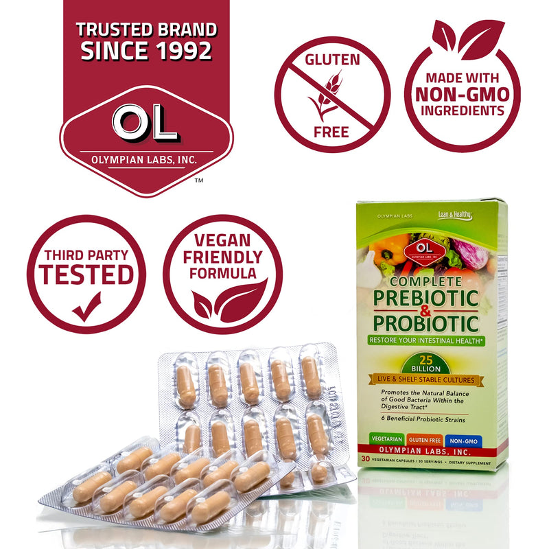 [Australia] - Olympian Labs Complete Prebiotic and Probiotic Supplement - 25 Billion Live Shelf Stable Cultures - 30 Vegetarian Capsules Standard 