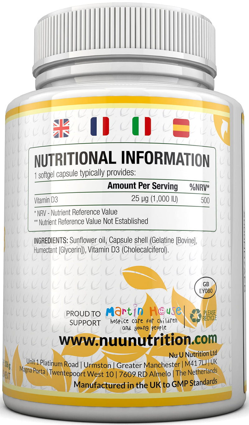 [Australia] - Vitamin D3 1000IU - 365 Softgels - 1 Year Supply - Vitamin D Supplement - High Absorption Cholecalciferol Vitamin D Capsules not Tablets - Nu U Nutrition 