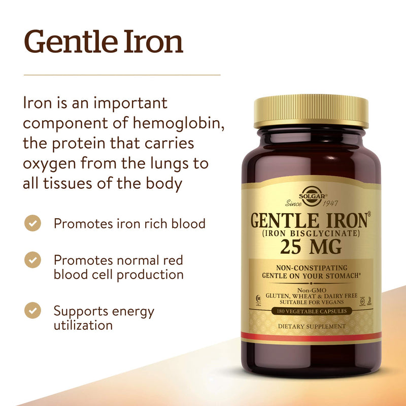 [Australia] - Solgar Gentle Iron - Ideal for Sensitive StomachsRed Blood Cell Supplement, , Non Constipating & GMO, Vegan, Gluten & Dairy Free, Kosher - 180 Servings, Unflavored, 180 Count 180 Count (Pack of 1) 