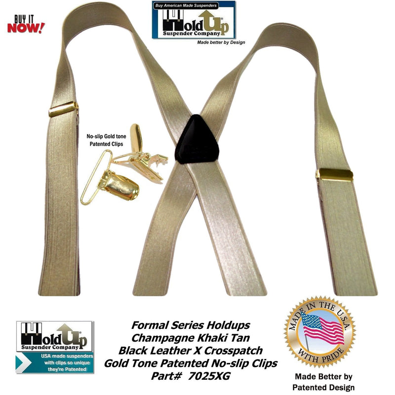 [Australia] - Holdup Suspender Brand Champagne GoldenTan narrow 1" Formal Series Suspenders with X-back crosspatch and patented Gold-tone no-slip Clips 