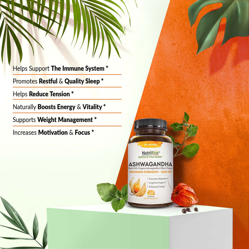 [Australia] - Organic Ashwagandha Capsules - High Potency 1300 mg: Ultimate Natural Sleep Support, Immune Support, Focus, and Energy Supplement with Black Pepper for Wellbeing and Vitality 