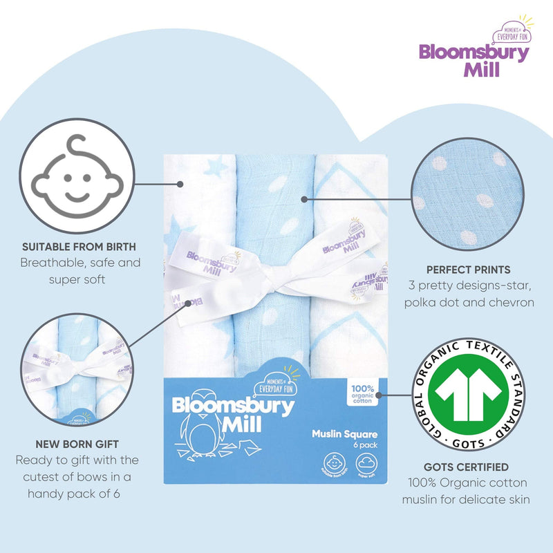 [Australia] - Bloomsbury Mill - Pack of 6 - 100% Organic Cotton Muslin Squares – Breathable & Soft Baby Cloths – Essential Newborn Gift in Stars, Chevrons & Polka Dots Designs - Blue & White - 70cm x 70cm 
