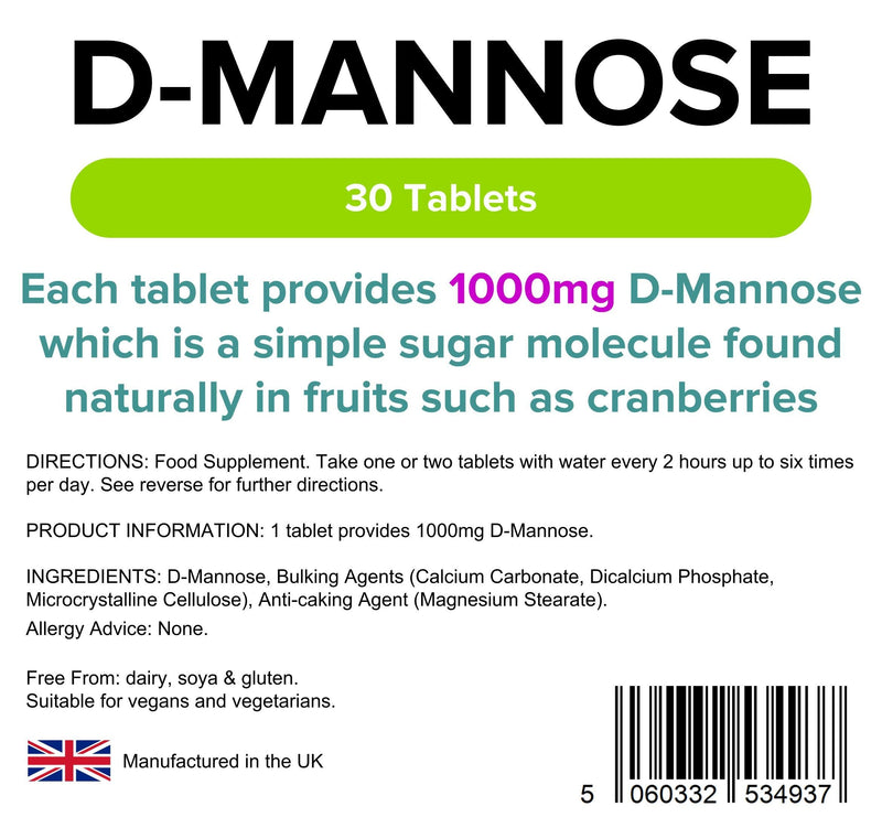 [Australia] - Lindens D-Mannose 1000mg Tablets - 30 Pack - Each Tablet Provides 1000mg D Mannose - UK Manufacturer, Letterbox Friendly 