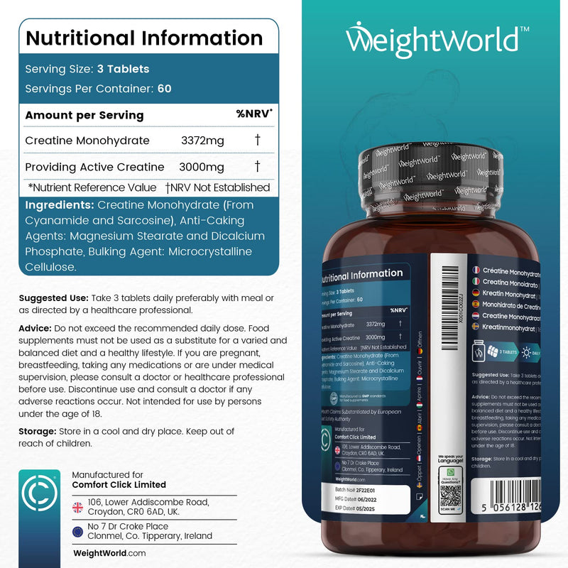 [Australia] - Creatine Monohydrate Tablets 3000mg - 180 Tablets - Gym Supplement for Men & Women - Creatine Monohydrate Powder Alternative - Vegan & Keto Unflavoured Energy Supplement for Workout 