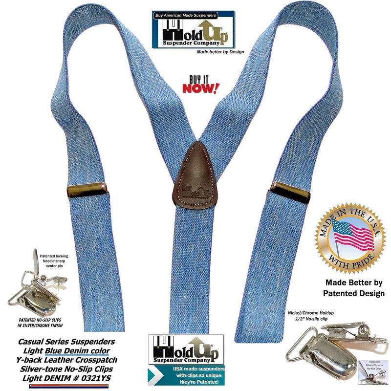 [Australia] - Holdup brand USA made Light Blue Denim Y-back Suspenders with Silver-tone No-slip Clips 