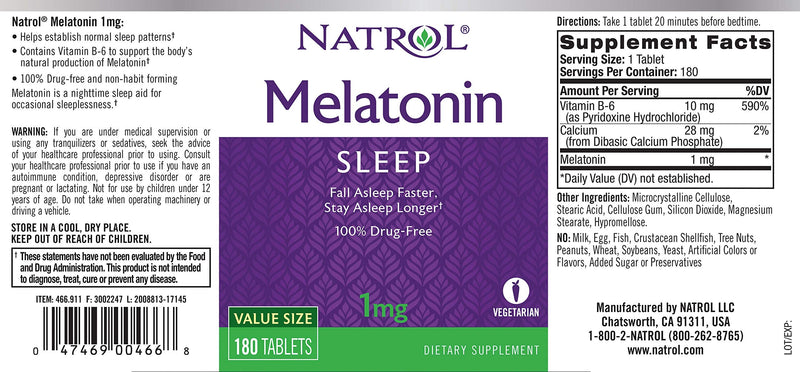 [Australia] - Natrol Melatonin Tablets, Helps You Fall Asleep Faster, Stay Asleep Longer, Strengthen Immune System, 100% Vegetarian, 1mg, 180 Count 