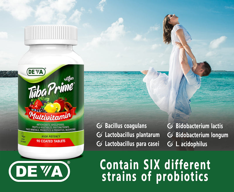 [Australia] - Deva Tuba Prime Vegan Multivitamin - High-Potency Vitamin and Mineral Dietary Supplement - Antioxidants, Fruit and Vegetable Blend, Super Mushrooms, Probiotics, Prebiotics, Seeds, Herbs - 90 Tablets Premium-Multivitamin 