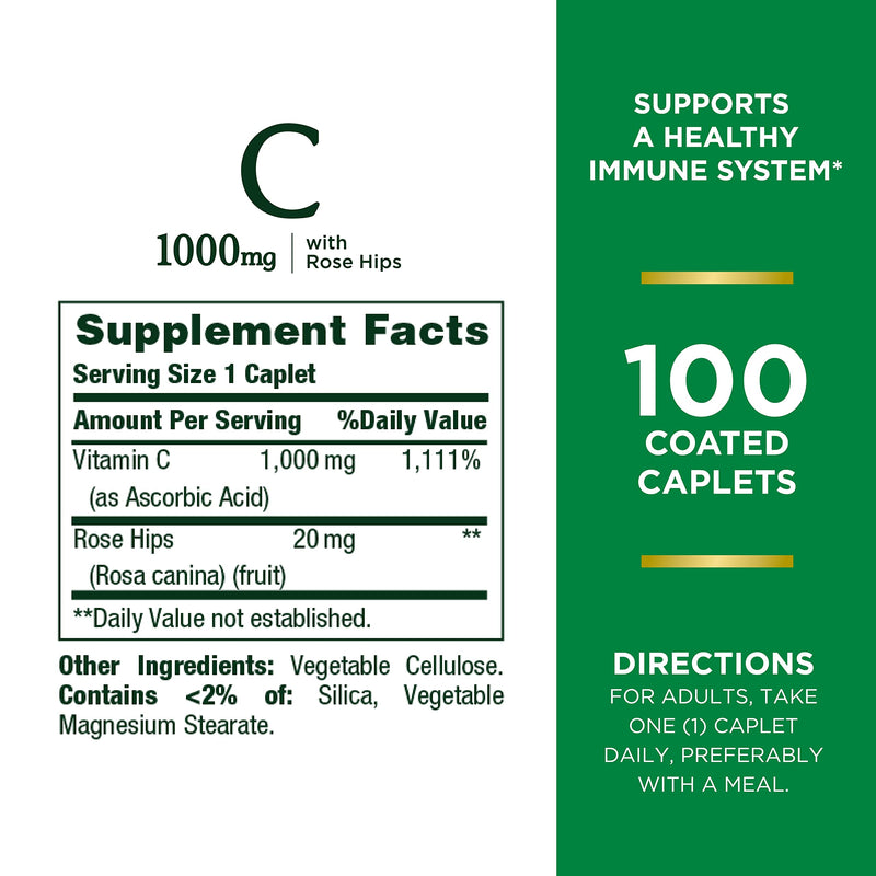 [Australia] - Nature’s Bounty Vitamin C + Rose Hips, Immune Support, 1000mg, Coated Caplets, 100 Ct 