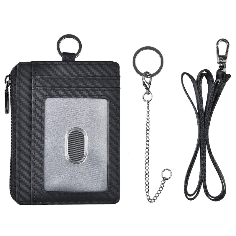 [Australia] - Kinzd Slim Minimalist Zipper Credit Card Holder Leather Front Pocket Wallet with Keychain Ring Lanyard Strap Carbon Fiber Leather Dark Black 
