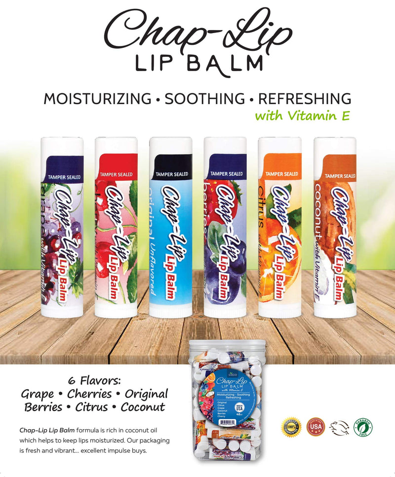 [Australia] - Chap-Lip Vitamin E Lip Balm with Coconut Oil - Lip Moisturizer Treatment - Moisturizing, Soothing, Refreshing, Total Hydration Treatment & Lip Therapy - Assortment of 6 Refreshing Flavors, 48 Count Original Jar 