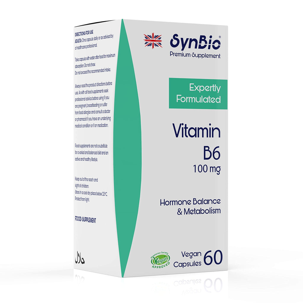 [Australia] - SynBio Premium - Vitamin B6 100mg Capsules | Vegan | Pyridoxine | Supports Regulation of Hormonal Activity | Reduces Fatigue | Promotes Red Blood Cell Formation | Made in The UK 