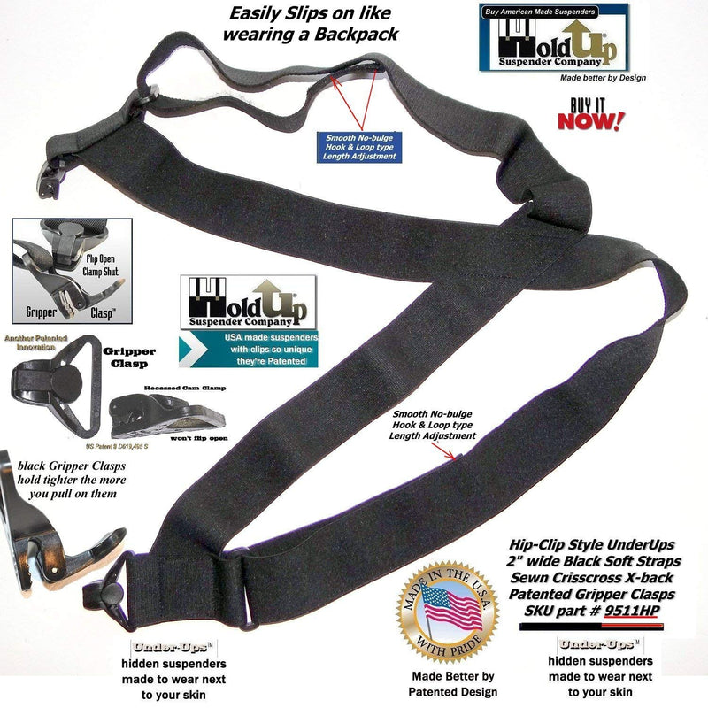 [Australia] - USA Made Holdup Brand Black 2" Hip-clip Style No-Buzz Suspenders Patented Gripper Clasps 