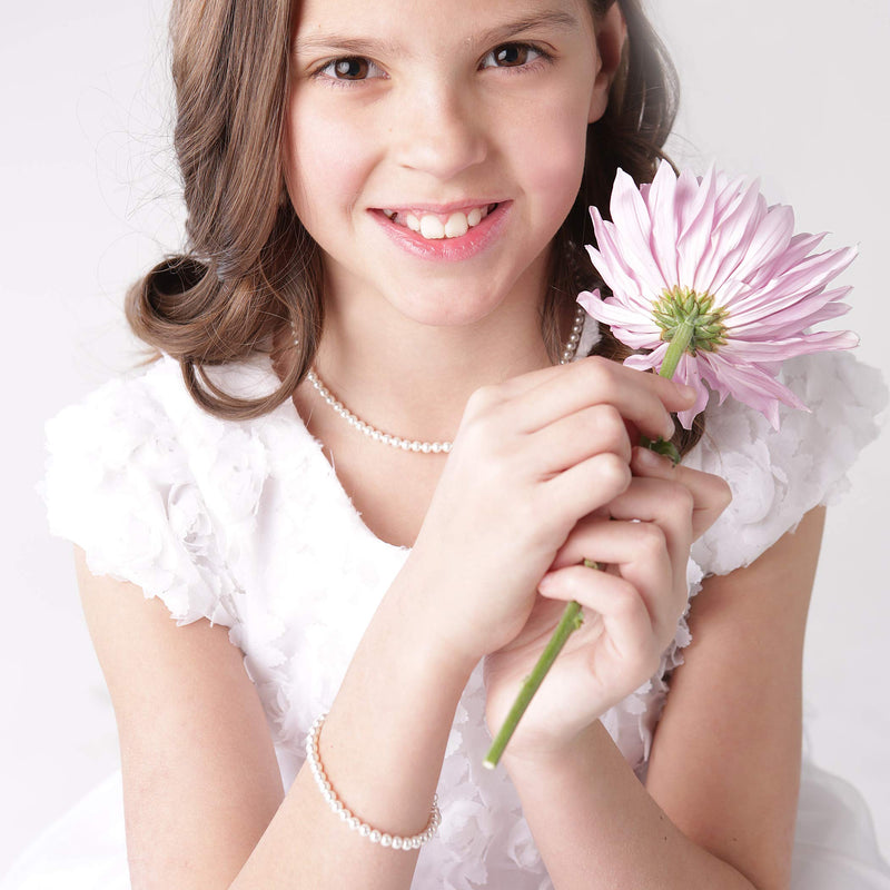 [Australia] - Children's Sterling Silver Flower Girl Swarovski Pearl Bracelet and Necklace Set For Girls, 4mm Bracelet-Necklace SET-LG (6-12 yr) 