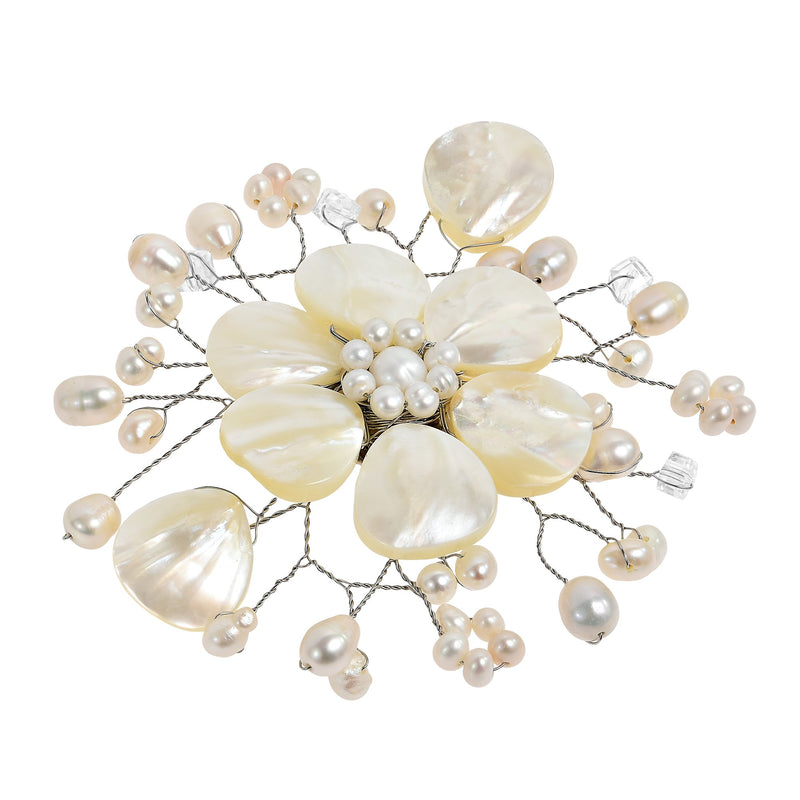 [Australia] - AeraVida Cute Mother of Pearl and Cultured Freshwater White Pearl Floral Ray Pin or Brooch 