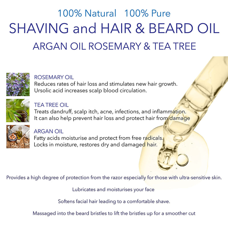 [Australia] - SHAVING and HAIR & BEARD OIL - 100% Natural ARGAN OIL with ROSEMARY & TEA TREE - 100ml by Fine Line Apothecary - CONDITIONS, SOFTENS, NOURISHES Beard, Skin and Hair. Promotes Beard and Hair Growth. 