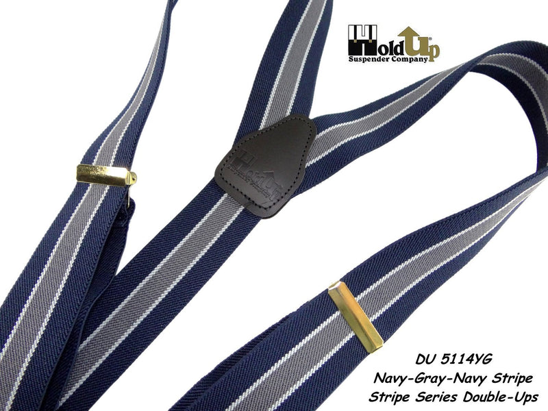 [Australia] - Hold-Ups Double-up Style Navy Blue with Gray and White Striped dressy suspenders 