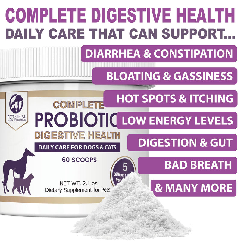 [Australia] - Petastical Probiotics for Dogs and Cats, 5 BILLION CFU Max Strength Canine Feline Probiotic Powder for Digestive Health Pet Supplement, 60 Powder Scoop 60 Scoop 