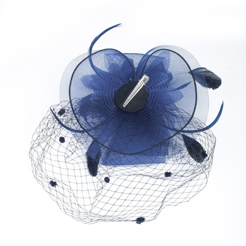 [Australia] - Z&X Women Feather Flower Fascinator Hat with Hair Clip Brooch for Cocktail Wedding 005- Navy Blue 