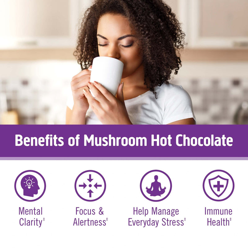 [Australia] - Om Mushroom Superfood Hot Chocolate Blend Mushroom Powder, Single Serve, 10 Count, Dutch Cocoa, 2g of Sugar, 25 Calories, Lion's Mane, Reishi, Chaga, Turkey Tail, Focus and Stress Support 10 Servings 