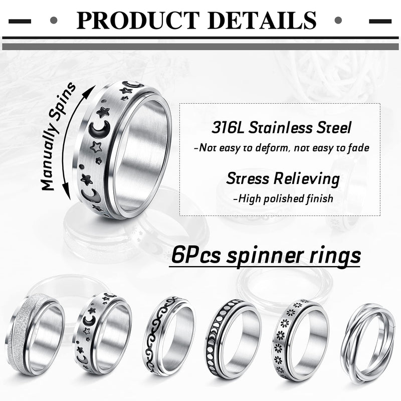 [Australia] - LOYALLOOK Fidget Ring Spinner Ring Anxiety Ring Fidget Rings for Anxiety for Women Stainless Steel Rings 5 