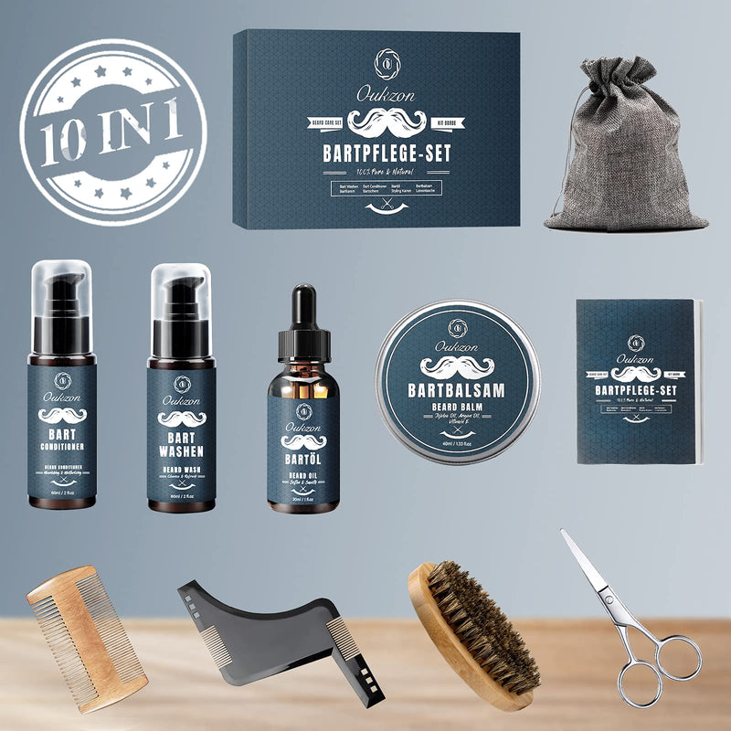[Australia] - Beard Grooming Kit for Men, 10 in 1 Beard Trimming Gift Set with Beard Shampoo, Beard Conditioner, Beard Oil, Balm, Beard Comb,Brush, Scissors, Beard Shaper and Storage Bag -Mens Beard Growth Care Set 