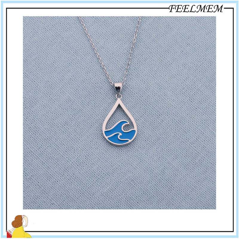 [Australia] - FEELMEM Ocean Wave Necklace Blue Wave Ocean Beach Sea Drop Shape Pendant Necklace Surfer Wave Jewelry Beach Lover Gift Hawaiian Ocean Themed Gifts silver 