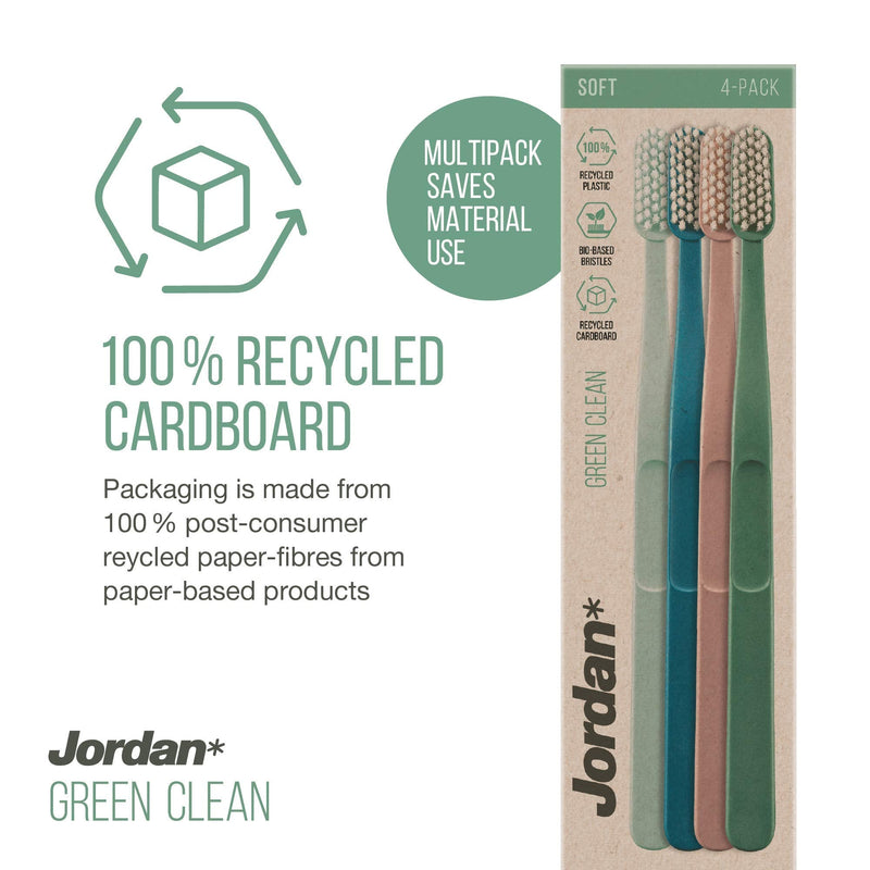 [Australia] - Jordan ® | Green Clean Manual Toothbrush | Award Winning Sustainable Toothbrush Made from Recycled Materials | Eco-Friendly | Scandinavian Design | Soft Bristles | Mixed Colour | Pack 4 Units 