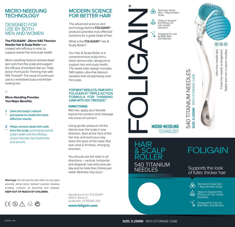 [Australia] - Foligain Hair & Scalp Roller - Microneedling Roller for Thinning Hair - 540 Titanium Microneedles at 0.25mm - Painless Derma Roller for Men & Women - Premium Micro Needling Roller - Stimulates Hair 