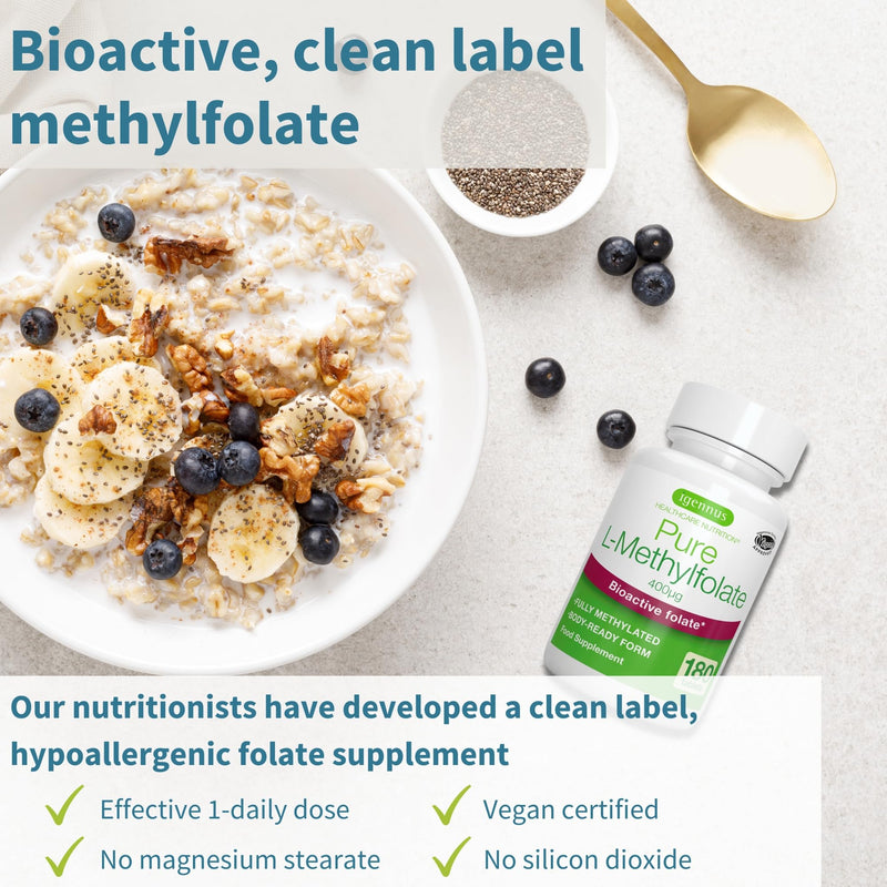 [Australia] - Pure Folate 400 mcg, 180 Small Tablets, Clean Ingredients & Vegan, Active Form of Folic Acid L-Methylfolate (Vitamin B9), Suitable for Pregnancy, One-a-Day, 180 Servings, by Igennus 