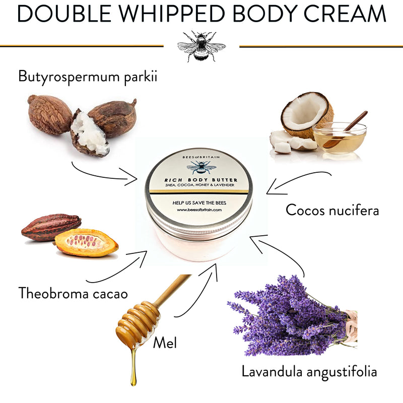 [Australia] - NATURAL pH BALANCED-DOUBLE WHIPPED BODY CREAM - HONEY & LAVENDER-100 g-by BEES of BRITAIN. Cocoa & Shea Butter Soothe Dry Skin. We Donate 5% of our Profit to Save Bees and Pollinators. pH 5.2-5.7 