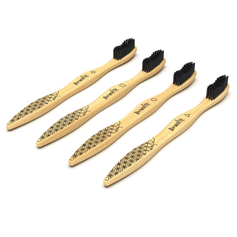 [Australia] - BioWhite - 4 Bamboo Eco Toothbrushes with Whitening Effect. 100% Sustainable Wood Toothbrush. Active Charcoal bristles, Great Grip. Vegan Toothbrush. 
