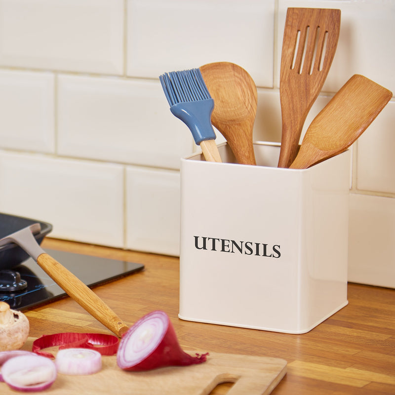 [Australia] - Andrew James Vintage Kitchen Utensil Holder Caddy | Large Retro Square Storage Holder Cream with Black Text | Vintage Style | 14cm x 14cm x 16.3cm 