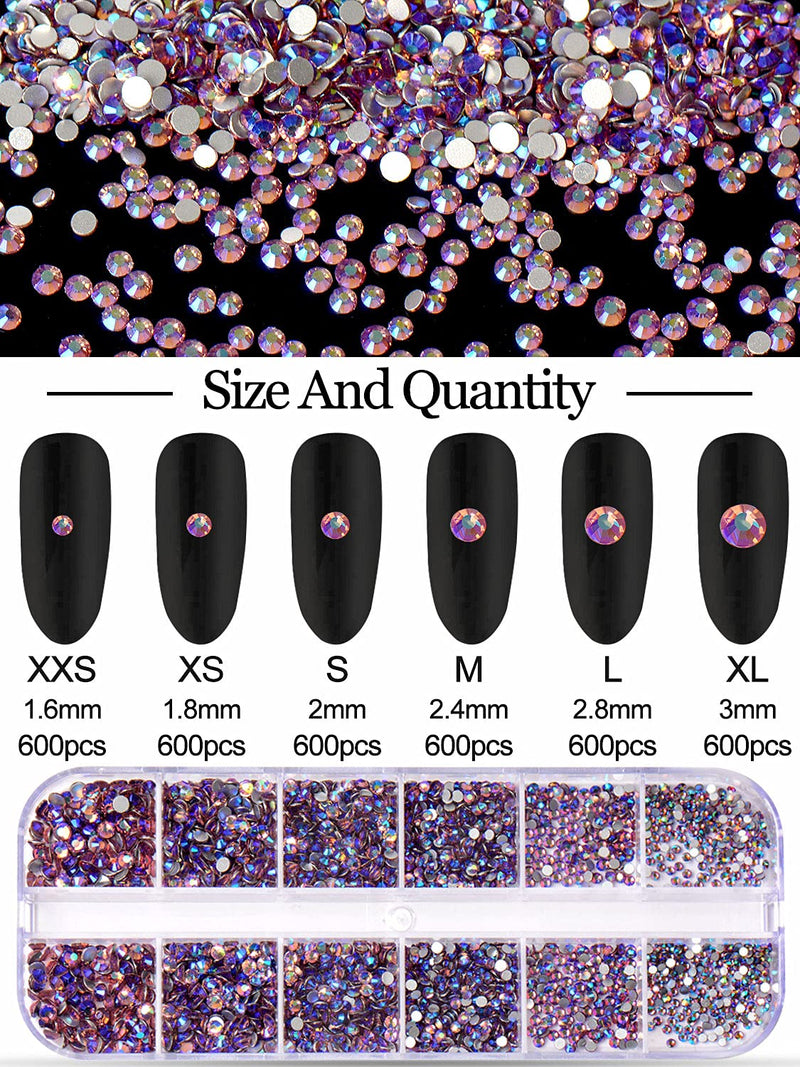 [Australia] - Warmfits 3600pcs Nail Art Rhinestone Purple Flame ab Rhinestones Beads Nail Gems Round Shaped Flatback Gems Stones Studs 6 Sizes with Box for Nail Design Craft Art Shoes Amethyst AB 