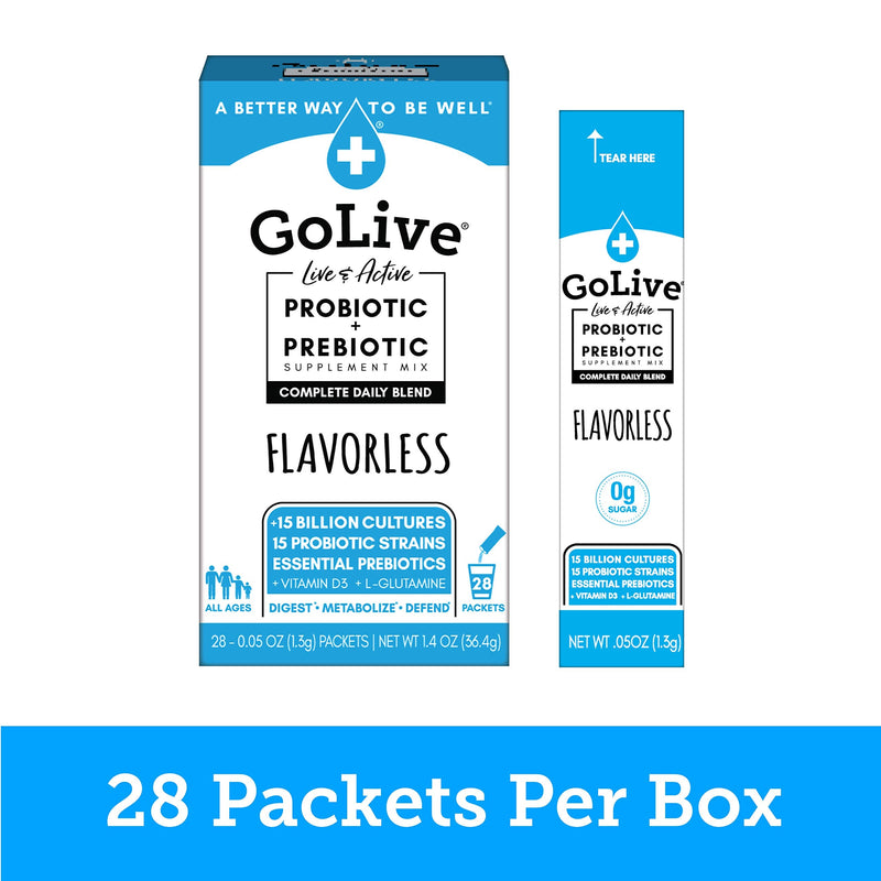 [Australia] - GoLive FLAVORLESS/SUGARLESS Synbiotic (Probiotics + Prebiotics) for Adults & Kids; +15 Billion CFUs; 15 Clinical Strains. Formulated and Recommended by MDs and RDs for Digestion, Metabolism, Immunity. Daily Essentials Unflavored 28 Count (Pack of 1) 