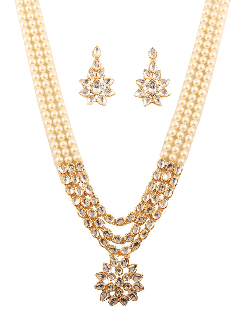 [Australia] - Touchstone New Contemporary Kundan Collection Indian Bollywood Majestic Indian Mughal Kundan Look Triple Line Faux Pearls Strands Long Designer Jewelry Wedding Necklace Set in Antique Gold Tone for 