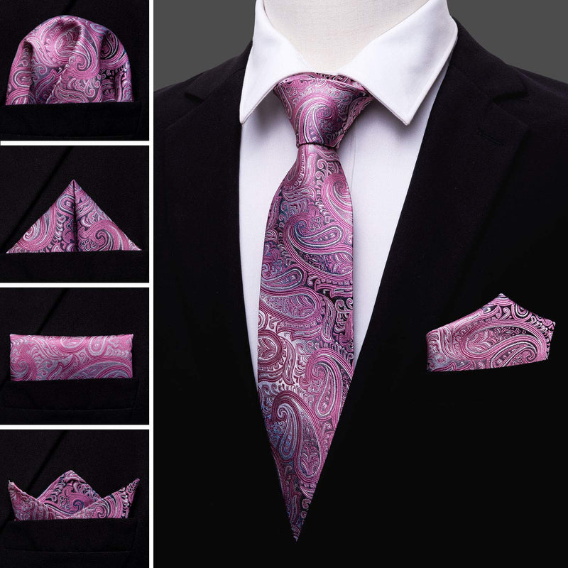 [Australia] - Barry.Wang Men Tie Set Paisley Solid Silk Necktie Pocket Square Cufflinks Extra Long Tie Formal Wedding 01 Rose Pink Paisley 