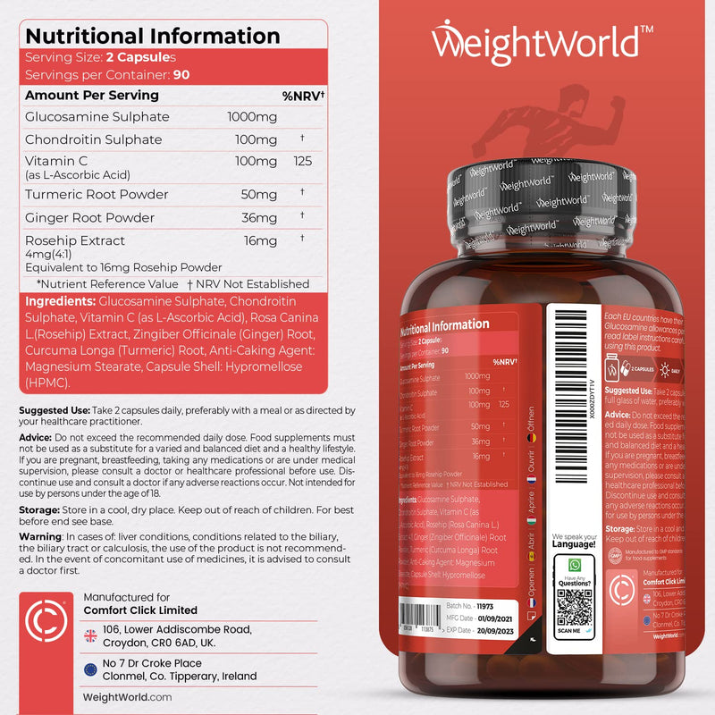 [Australia] - Glucosamine and Chondroitin High Strength - 180 Capsules (3 Month Supply) - Glucosamine Complex with Ginger, Vitamin C, Turmeric, Rosehip - Glucosamine Sulphate 2KCL Bone & Joint Supplements - UK Made 