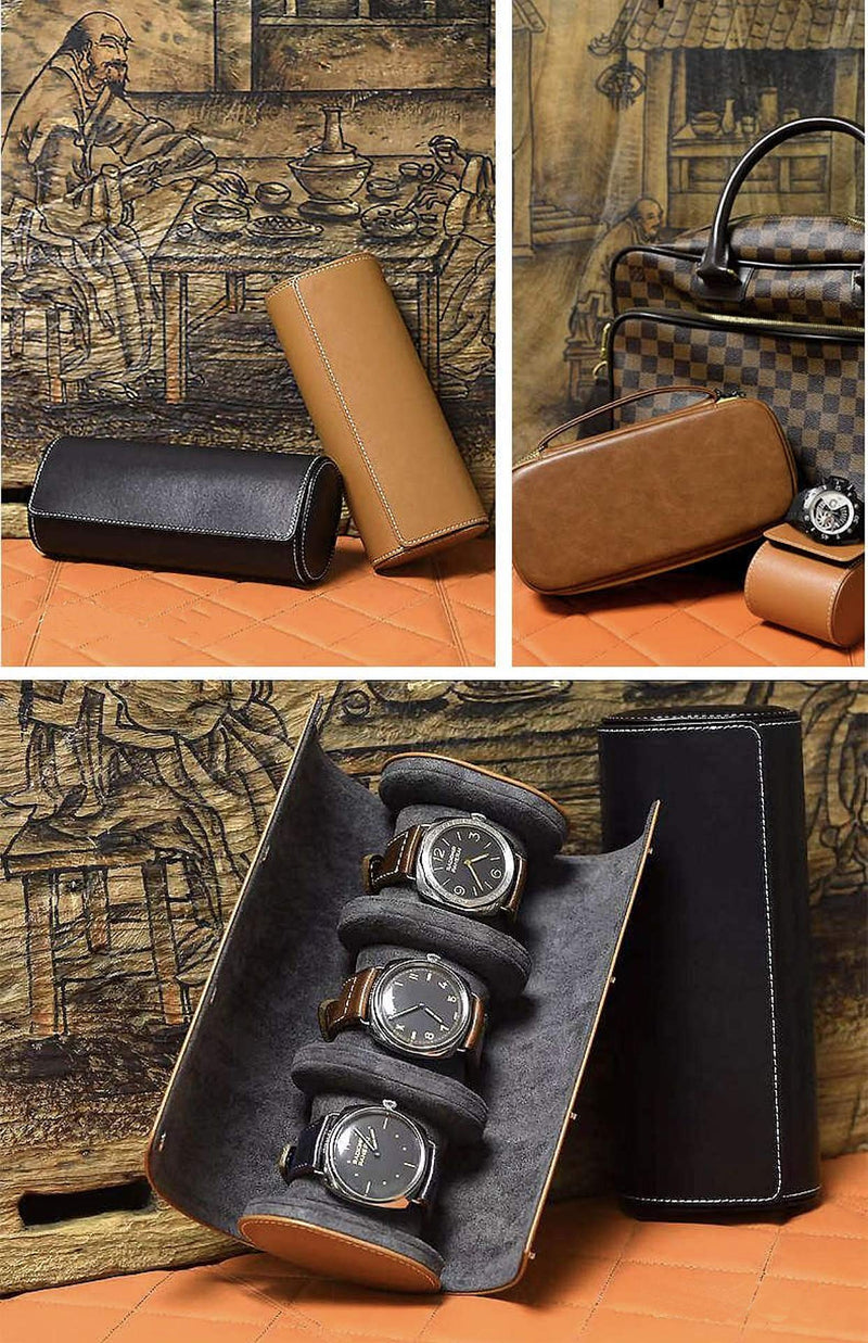 [Australia] - beautgreen Watch Roll Travel Case - Handmade Leather Watch Rolls Box for Man - Travel Watch Roll with Velvet to Protection - Watch Roll Organizer to Home Secure Storage 