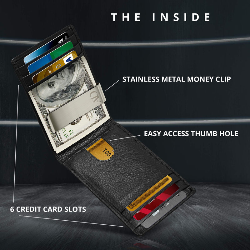 [Australia] - Real Leather Wallets For Men - Front Pocket Slim Money Clip Bifold Mens Wallet Black RFID Minimalist Credit Card Holder 