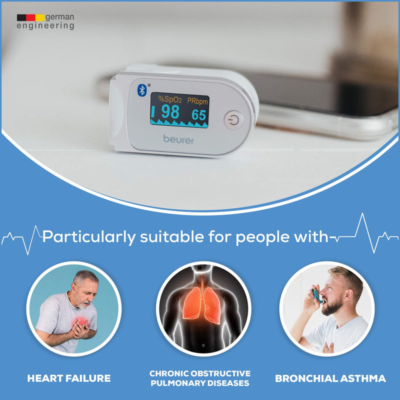 [Australia] - Beurer Bluetooth Digital fingertip Pulse Oximeter, Blood Oxygen Saturation & Pulse Rate Monitor with Accessories, 1 Count 