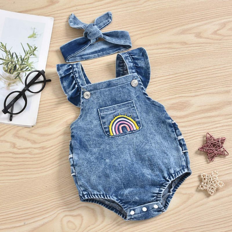 [Australia] - 2Pcs Newborn Baby Girl Leopard Ruffles Sleeve Bodysuits Jumpsuit Headband Clothes Romper Set U-denim 0-3 Months 