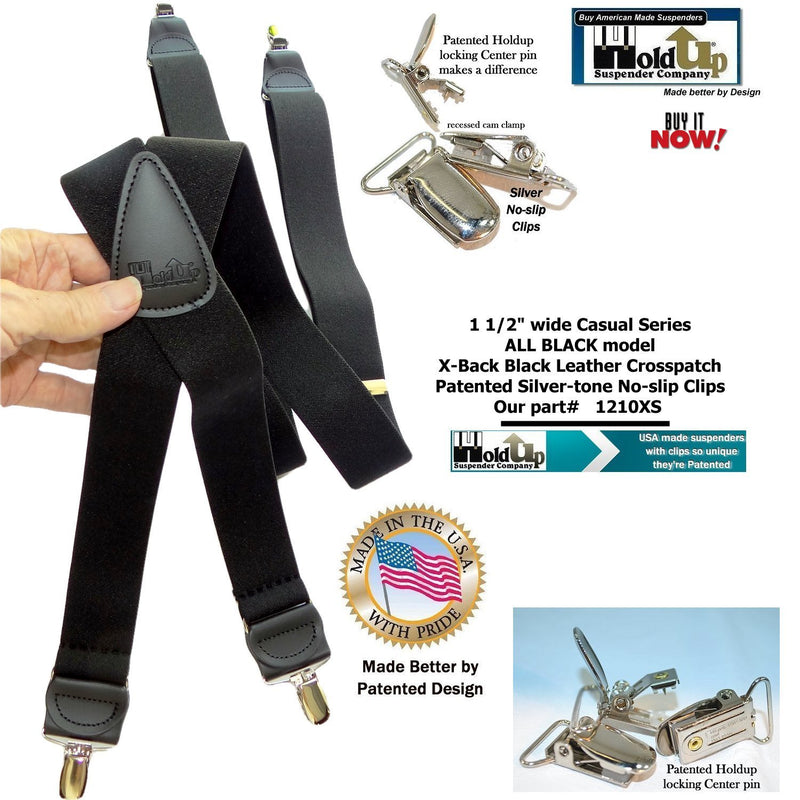 [Australia] - Holdup Suspender Company USA made All Black X-back style Suspenders with silver-tone No-slip Clips 