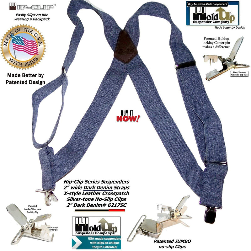 [Australia] - Hold-Up Dark Denim Trucker Style 2" Wide Hip-Clip Suspenders with No-slip Clips 