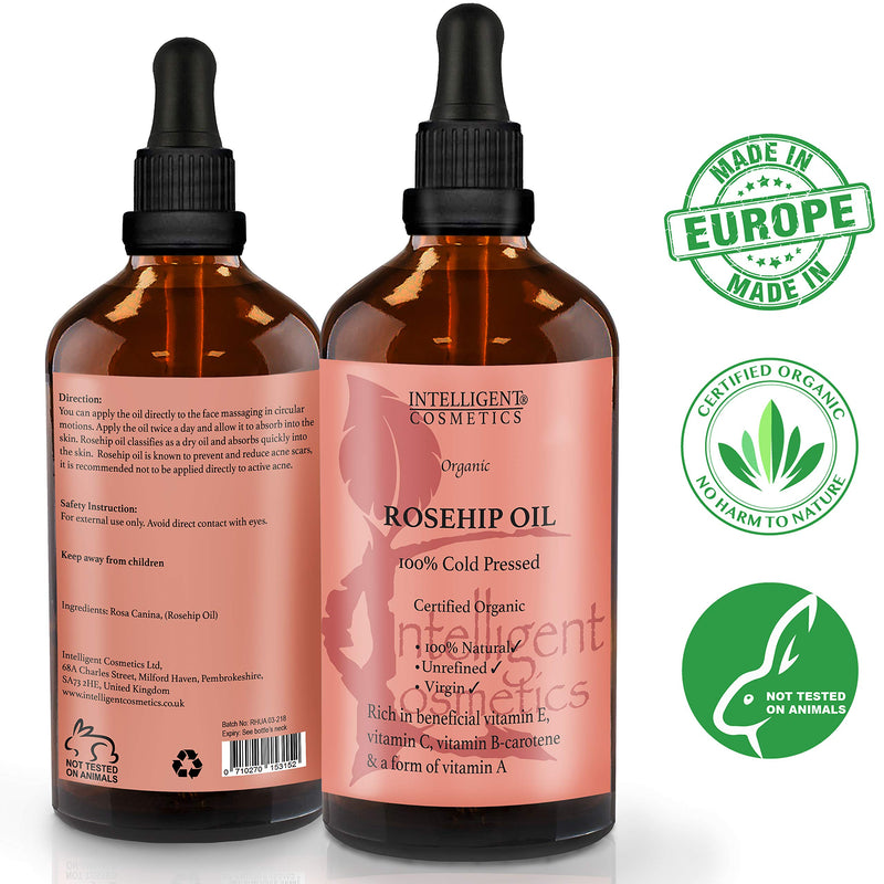 [Australia] - Rosehip Oil 100% Cold Pressed Pure Certified Organic Oil 100ml Best Known Facial Oil with Vitamin E, Vitamin C, B-carotene and a Form of Vitamin A 