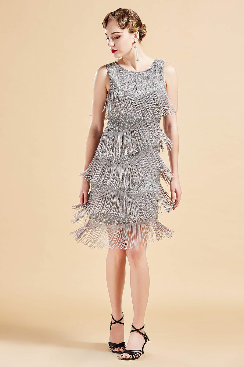 [Australia] - BABEYOND 1920s Flapper Dress Gatsby Fringed Dress Roaring 20s Beaded Dress Art Deco Dress for Gatsby Themed Party Prom Gray Small 