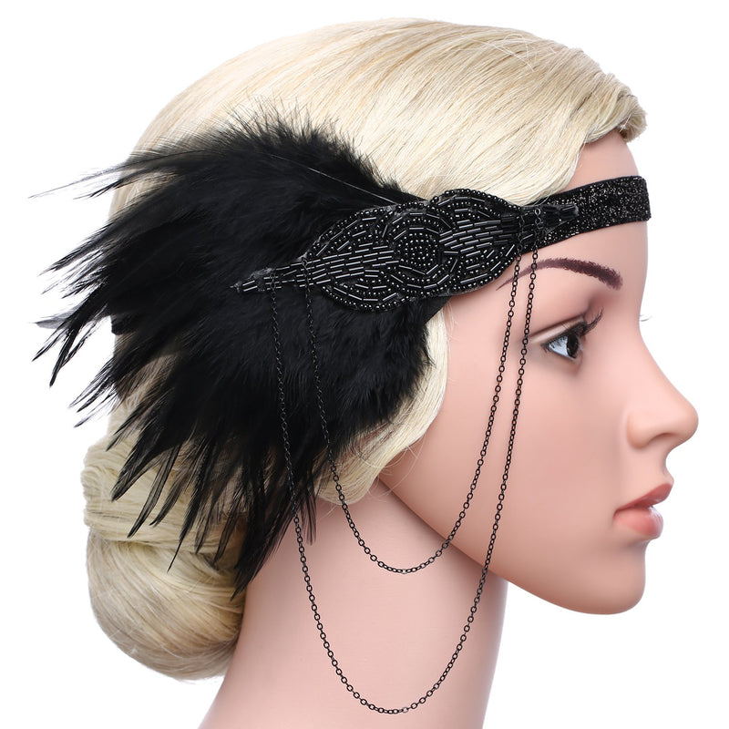 [Australia] - BABEYOND 1920s Flapper Headband Roaring 20s Great Gatsby Headpiece Beaded Black Feather Headband 1920s Flapper Gatsby Hair Accessories 