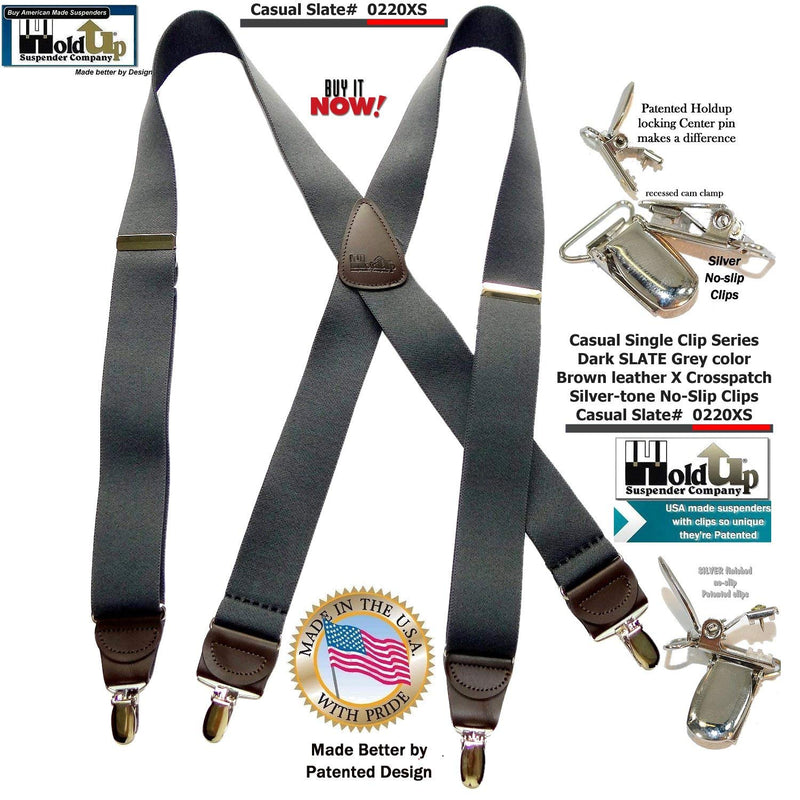 [Australia] - USA Made Slate Gray HoldUp brand X-back Suspenders with No-slip Silver-tone Clips 